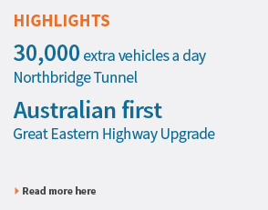 Highlights: 30,000 extra vehicles a day, Northbridge Tunnel. Australian first: Great Eastern Highway Upgrade.