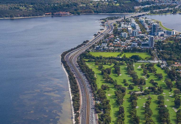 Aerial view of the Kwinana Freeway with the Swan River to the left