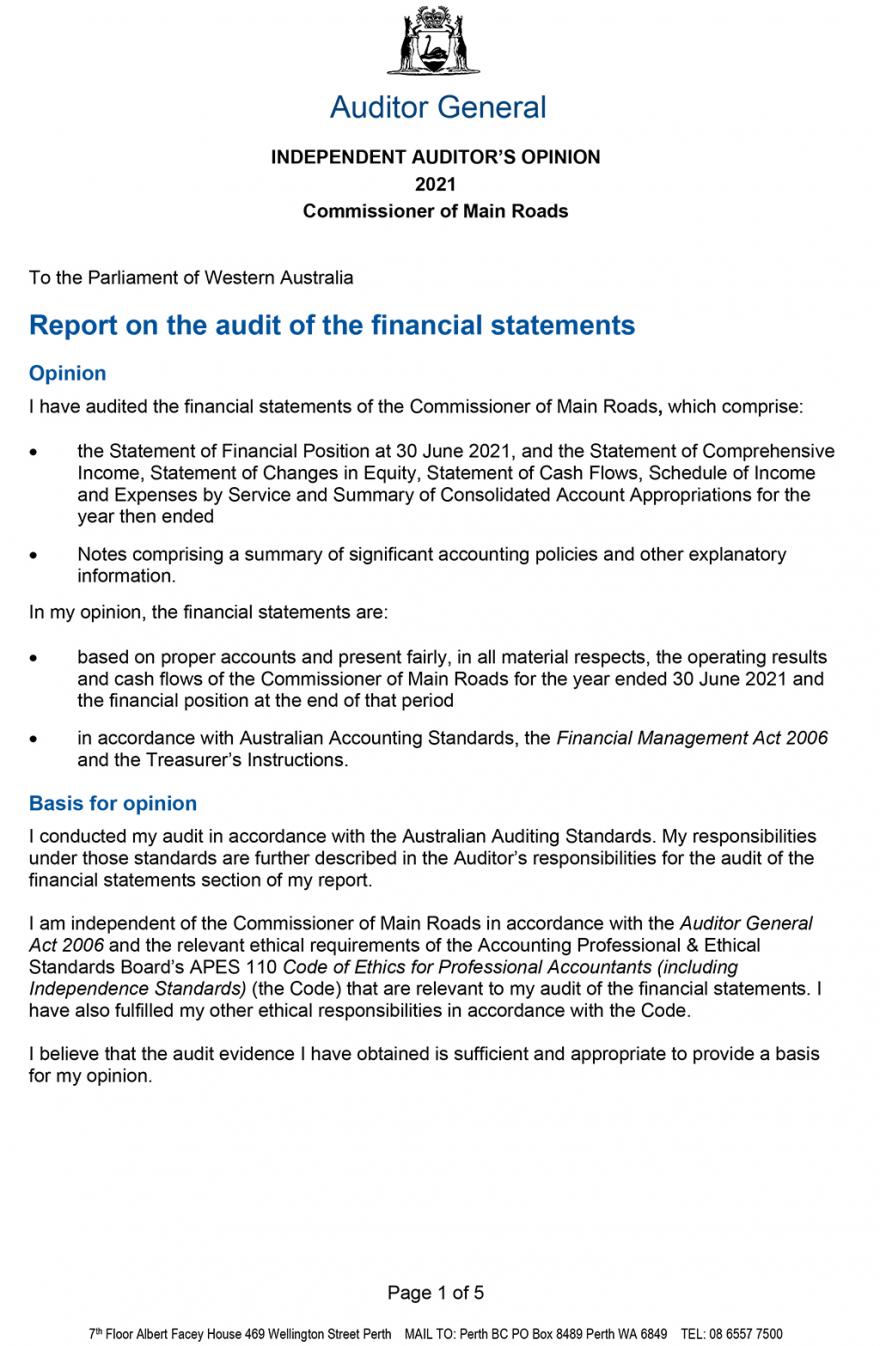Page one of the Auditor General's Opinion. Download the pdf to read.