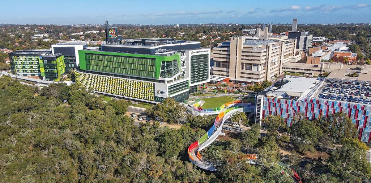 An aerial view of a brightly coloured bridge going from the Perth Children's Hospital to Kings Park